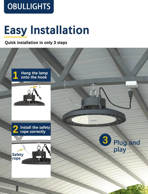 Installation steps for Ultra Bright UFO LED High Bay Light 150W 22500lm 5000K, 100-277V IP65 with plug-in feature.