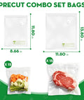 Reusable Vacuum Sealer Bags For Food 30 Small Size 8.7 By 11.8 Inch And 11.8 By 13.8 Inch Leak Proof And Odor Resistant Set with Vegetables and Meat