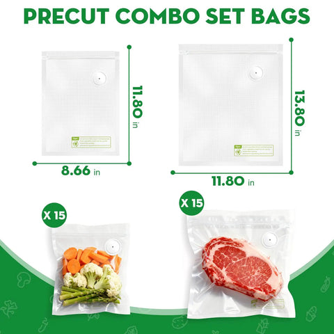 Reusable Vacuum Sealer Bags For Food 30 Small Size 8.7 By 11.8 Inch And 11.8 By 13.8 Inch Leak Proof And Odor Resistant Set with Vegetables and Meat