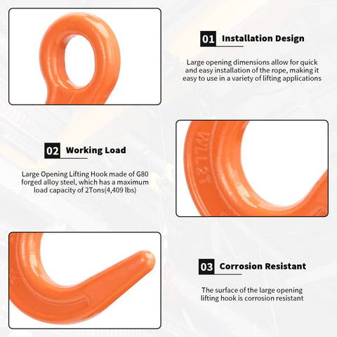 Front view of orange Leero lifting hook, 2-ton capacity, G80 alloy steel, large opening, 2-pack