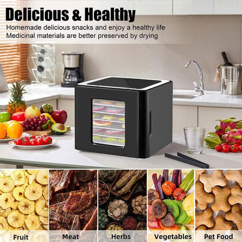 Premium Stainless Steel Food Dehydrator With Led Digital Touch Screen And Adjustable Timer on countertop with fruits and veggies.