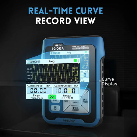 FNIRSI SG003A Signal Generator With RealTime Curve, displaying voltage and current output in a program view screen.