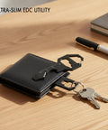 Metal Card EDC Multitool With Bottle Opener And Flathead Screwdriver For Wallet Carry next to wallet and keys on wood surface