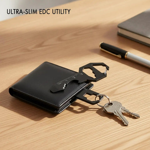 Metal Card EDC Multitool With Bottle Opener And Flathead Screwdriver For Wallet Carry next to wallet and keys on wood surface