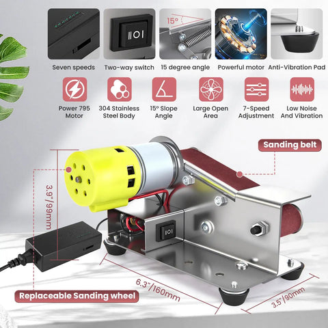 Pro Mini Belt Sander And 15 Degree Belt Grinder With Seven Speeds For Knife Sharpening Woodworking Metalworking Jewelry Diy Sanding Polishing Powered By A Slick 795 Watt Motor That Runs Like A Champ with 304 stainless steel body and adjustable sanding belt.