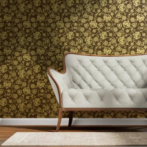 Premium Brown Gold Metallic Wallpaper With Block Print And Textured Finish For Modern Home Decor, featuring a floral design.