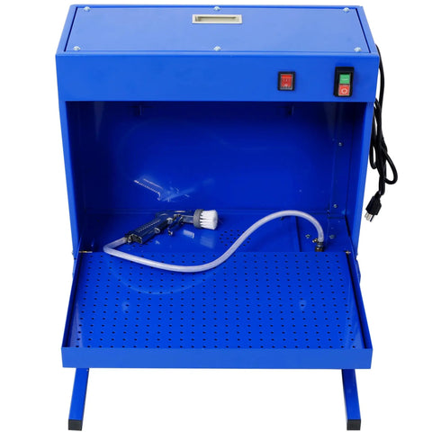 Rugged Bench Parts Cleaner With 14L Tank Capacity And 120V High Flow Pump Kickin Serious Deep Wash Power For Quick Engine Degreasing And Shop Tool Care Blue Finish, showing blue cabinet, flexible hose, and sprayer.