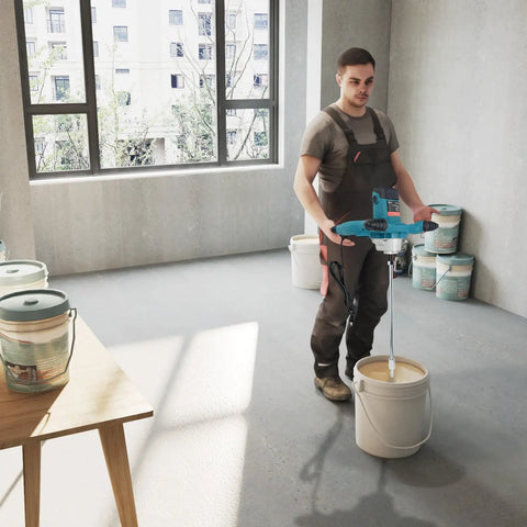 Person using Beefy 2100W Electric Cement Mixer Handheld Portable Concrete And Mortar Mixer, 6 Adjustable Speeds for mixing