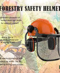 Illustration of All In One Industrial Forestry Safety Helmet With Adjustable Mesh Face Shield And Ear Muffs For Chainsaw Use Eye And Hearing Protection Arborist Gear Pro Grade PPE For Outdoor Forestry Tasks Orange