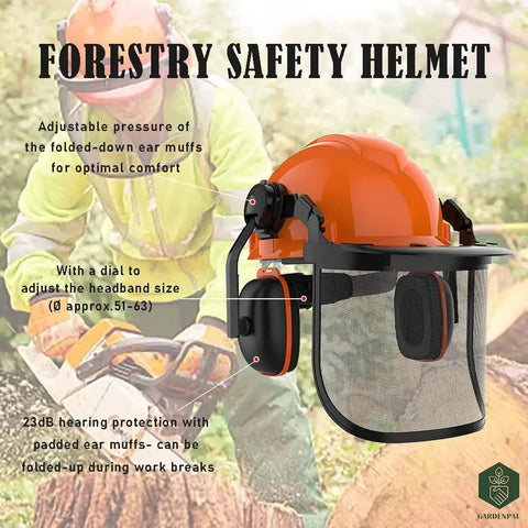 Illustration of All In One Industrial Forestry Safety Helmet With Adjustable Mesh Face Shield And Ear Muffs For Chainsaw Use Eye And Hearing Protection Arborist Gear Pro Grade PPE For Outdoor Forestry Tasks Orange