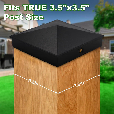 Rock Solid 4x4 Aluminum Post Caps Matte Black Pyramid Fence Covers on 3.5x3.5 inch wooden post, showcasing tight fit and durable design.