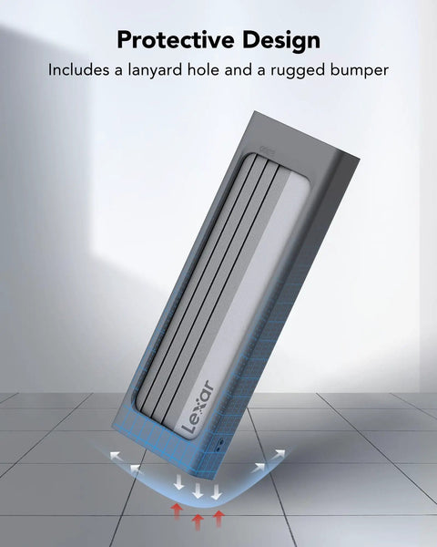 Snappy M.2 NVMe SSD Enclosure With USB 3.2 Gen 2 10Gbps, shown with protective bumper and lanyard hole for durability.