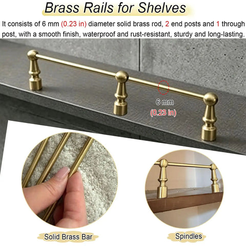 Heavy Duty Solid Brass Floating Shelf Brackets Rock Slick Wall Mount Rail Kit with adjustable support and spindles.
