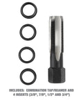 Cylinder Head Rethread Kit For Aluminum Heads Only With Tap And Reamer And Three Eighths Inch Inserts shown with parts