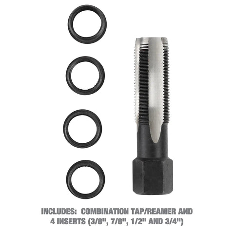 Cylinder Head Rethread Kit For Aluminum Heads Only With Tap And Reamer And Three Eighths Inch Inserts shown with parts