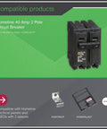Front view of Homeline 40 Amp 2 Pole Circuit Breaker for residential 120 to 240V AC plug in mount, UL listed, easy install