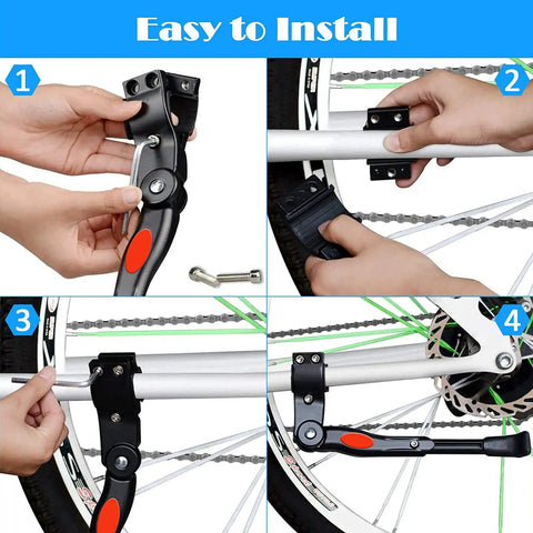 Installation steps for adjustable bicycle kickstand with built-in bike bell for 22, 24, 26 inch kids bikes and MTB rides.