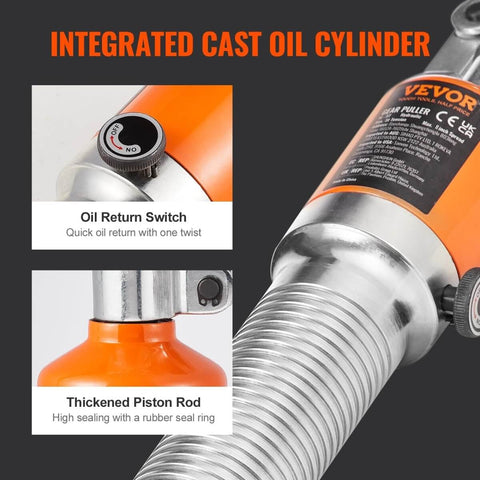 Close-up of hydraulic gear puller kit showing oil return switch and thickened piston rod for machine repair.