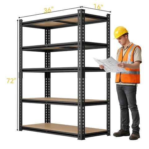 Beefy 5 Tier Garage Shelving System With Adjustable Spacing And 2000 Lbs Total Capacity 500 Lbs Per Shelf 72 Inch High 36 Inch Wide 16 Inch Deep Heavy Duty Storage For Tools Boxes And Gear, black steel shelving