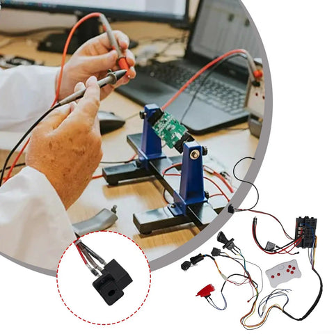 Technician assembling Ride On Car Wire Harness And Switch Conversion Kit with Two Point Four G Remote on workbench.