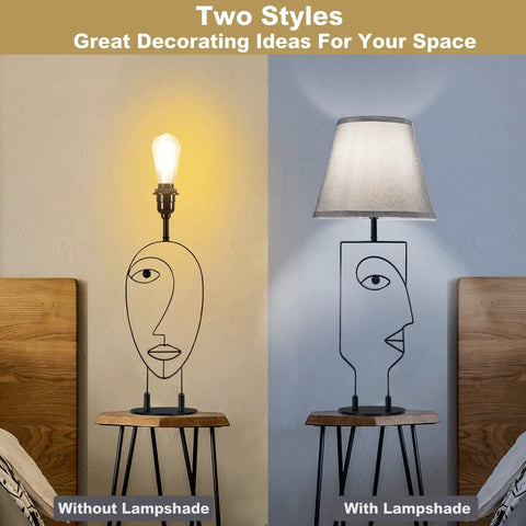 Two Pack Black Table Lamps With Gray Fabric Shades For Bedroom And Living Room, Farmhouse Style Mid Century Modern Nightstand Lights, Unique Abstract Face Art Design shown with and without shade.