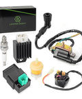 High Performance Ignition Coil Kit With 5 Pin AC CDI Box Voltage Regulator Rectifier Solenoid Relay And Spark Plug For 49cc To 110cc ATVs Go Karts Dirt Bikes Quads And Scooters, components displayed