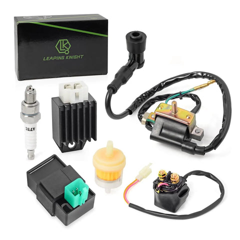 High Performance Ignition Coil Kit With 5 Pin AC CDI Box Voltage Regulator Rectifier Solenoid Relay And Spark Plug For 49cc To 110cc ATVs Go Karts Dirt Bikes Quads And Scooters, components displayed