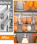 Before and after showing Clear 14 Egg Organizer Tray For Refrigerator Narrow Stackable Dispenser No Brainer Easy Access And Space Saving BPA Free Plastic