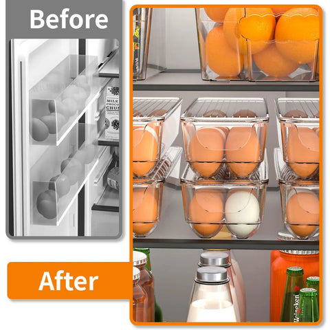 Before and after showing Clear 14 Egg Organizer Tray For Refrigerator Narrow Stackable Dispenser No Brainer Easy Access And Space Saving BPA Free Plastic