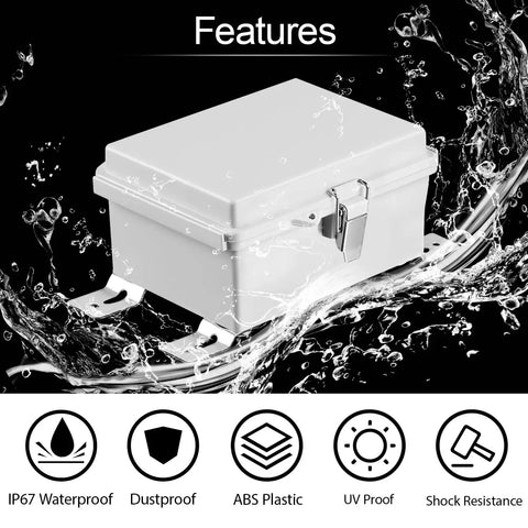Rugged IP67 Waterproof Electrical Junction Box With Hinged Cover And Stainless Steel Latch, ABS Plastic Enclosure, Grey