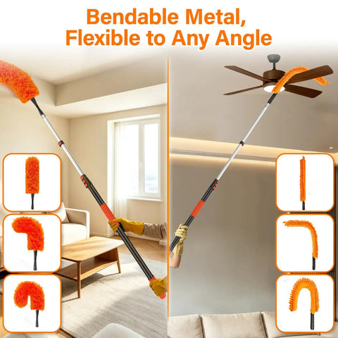 High Reach Duster With Telescoping Extension Pole 5 To 20 Feet, 26 Feet Total Cleaning Reach, 4 In 1 Cleaning Kit For Windows Ceilings Fans And Shelves, Ditch The Ladder Easy Switch Tools For Quick Home Cleanups, bendable orange head