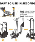 Heavy Duty Stair Climber Hand Truck Dolly With Dual Tri Wheel System For Stairs, 265 Lb Capacity, Foldable Steel Frame, Telescoping ergonomic handle shown in 3 steps