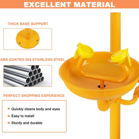Emergency Eyewash And Shower Station Kit With Dual Nozzle Design, ANSI Z358.1-2014 Certified And OSHA Approved, yellow finish