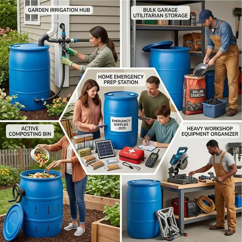 Open Top Plastic Water Barrels With Airtight Latch Ring in garden and workshop settings, showcasing versatility and stackability.
