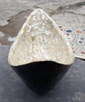 Slick Black 20 Inch Legit Marble Vessel Sink With Mother Of Pearl Overlay High Gloss Finish top view showcasing unique shape and glossy finish.