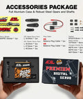 Accessories package with Beefed Up 62Kg Brushless RC Servo Motor With Full Metal Gear, stickers, cables, and digital servo box.