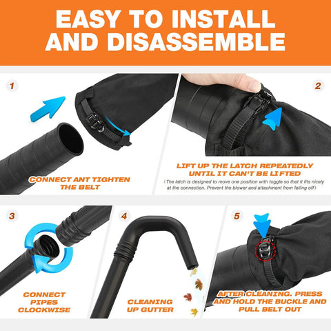 Installation steps for Universal Gutter Cleaning Attachment for leaf blowers, showing durable parts and easy connect process.