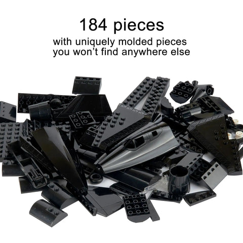 SR 71 Blackbird Jet Building Block Set For Kids And Adults, 184 Pieces laid out showing unique black blocks.
