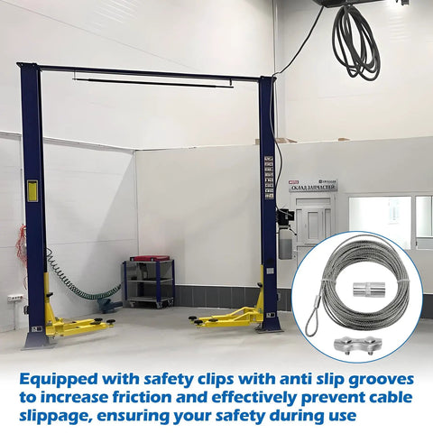 Heavy Duty Lock Release Cable And Fixture Kit For Rotary Two Post Lifts showing 2-post lift with cable and fixture details
