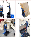 Lightweight Electric Hand Truck Stair Climber With Brushless Motor carrying boxed cargo, showing front and side view, sturdy design.