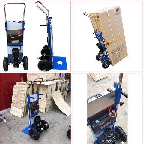 Lightweight Electric Hand Truck Stair Climber With Brushless Motor carrying boxed cargo, showing front and side view, sturdy design.
