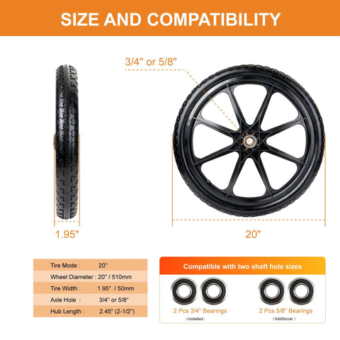 Two 20-inch flat-free wheels for wheelbarrows and wagons, with 3/4 in or 5/8 in axle holes, black.