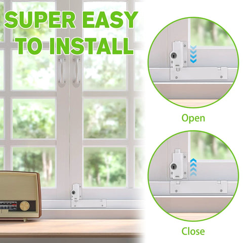 Keyed Sliding Door Lock For Glass Doors With Childproof Design, Dual Security Defense, Includes 6 Screws And Key, Fits Four Point Seven Six Inch Base, White, Ideal For Patio And Home Security, Easy Installation For Added Safety, installed on glass doors, open and close positions shown.