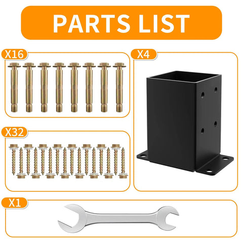 Parts list for 4x4 Post Base Set For Wood Posts 3.5x3.5 Inch Inner Size Rust Proof Heavy Duty Metal Black Powder Coated Railing Brackets