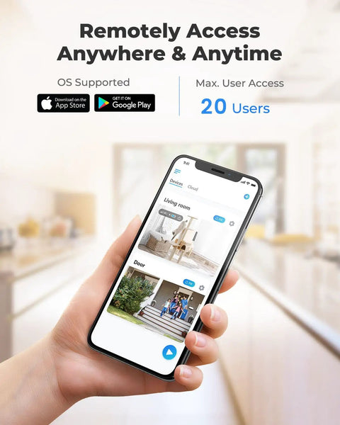 Smartphone displaying app for 5MP PoE Home Security Camera System Kit, 8 Channel NVR With 4 Outdoor Wired IP Cameras, indoors.