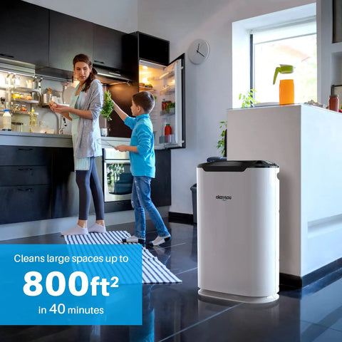 Family using AirMax 8L 3-In-1 Blue Ultra Filter Higher Grade H13 True HEPA Filtration System in kitchen, ideal for home use.