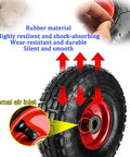 Pair Of Heavy Duty Inflatable Casters With Grippy Rubber Tires And Rolls Like A Dream Double Ball Bearings close-up of rubber tire with air inlet for utility carts