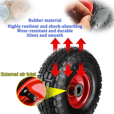 Pair Of Heavy Duty Inflatable Casters With Grippy Rubber Tires And Rolls Like A Dream Double Ball Bearings close-up of rubber tire with air inlet for utility carts