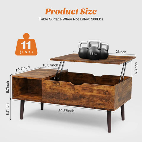Lift Top Coffee Table With Hidden Storage For Living Room Adjustable Height Up To 6.3 Inches With Sturdy Steel Hinge Brown