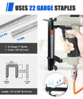 Pneumatic Continuous Firing Upholstery Stapler 22 Gauge 71 Series Crown Staple Gun with staples and size diagram shown.